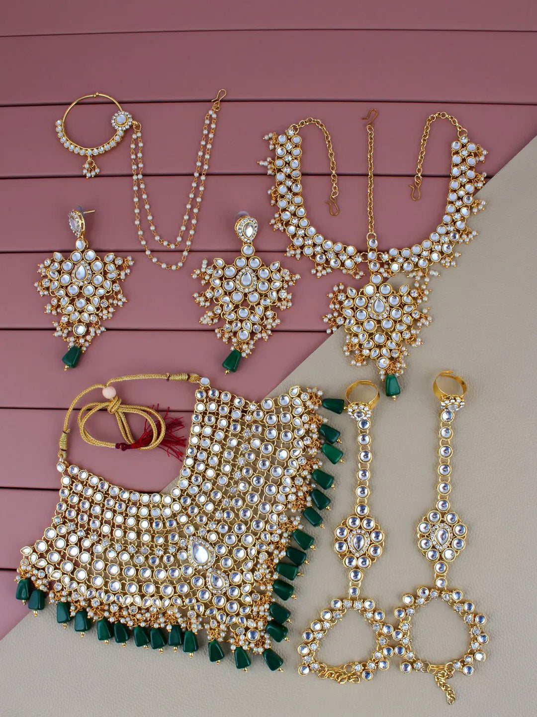 Green Gold-Plated Crystal Stone Studded Bridal Jewellery Set