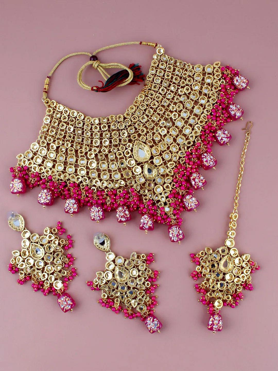 Pink Gold-Plated Crystal Stone Studded Bridal Jewellery Set - Libasaa