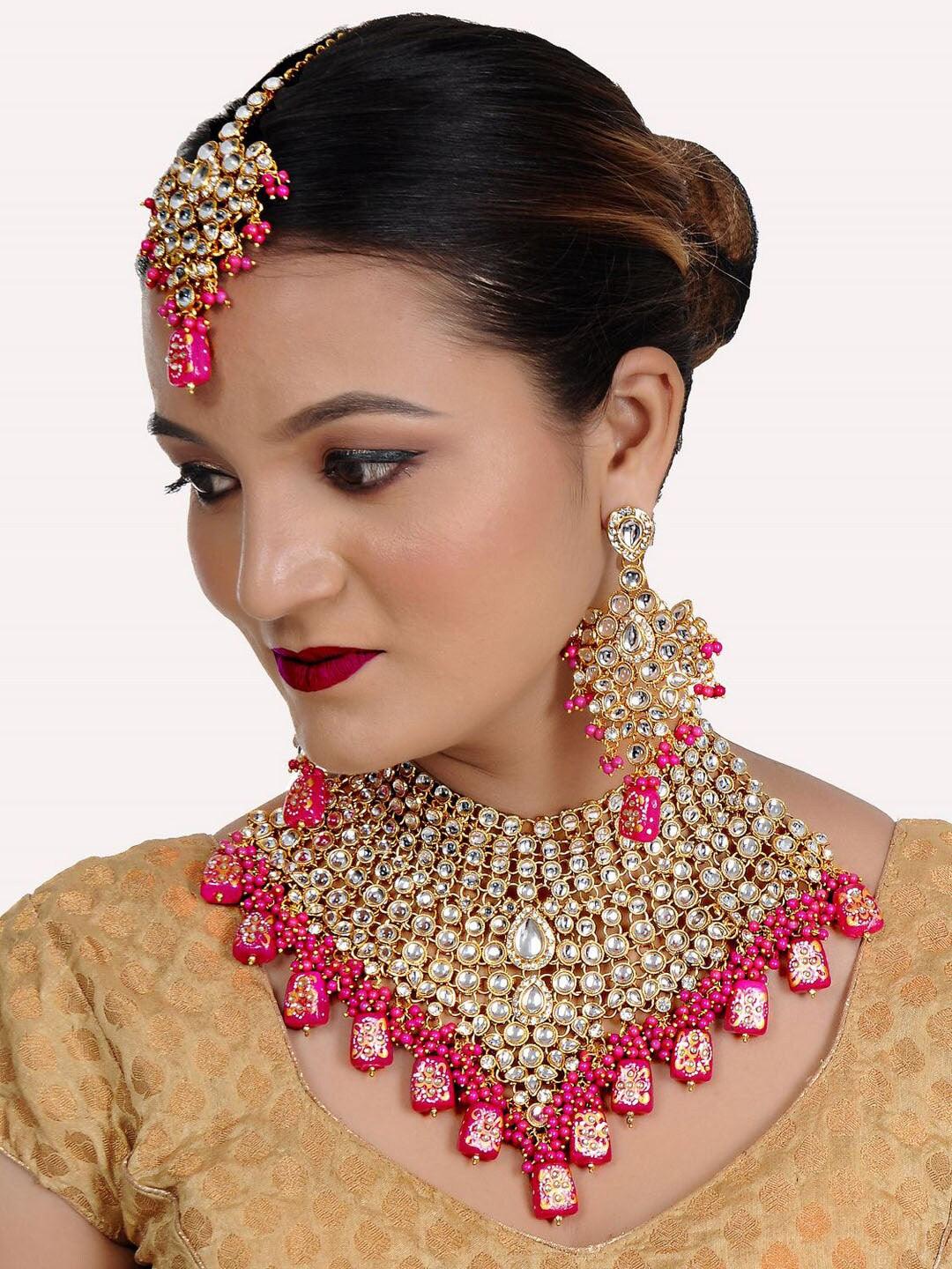 Pink Gold-Plated Crystal Stone Studded Bridal Jewellery Set - Libasaa