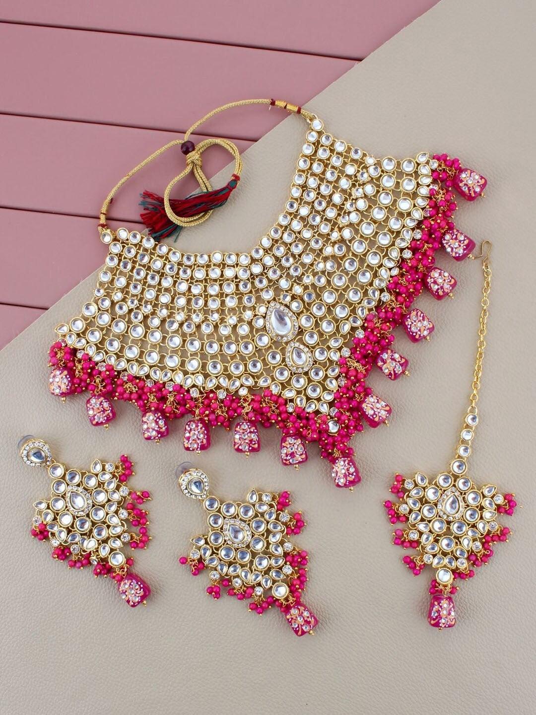 Pink Gold-Plated Crystal Stone Studded Bridal Jewellery Set - Libasaa