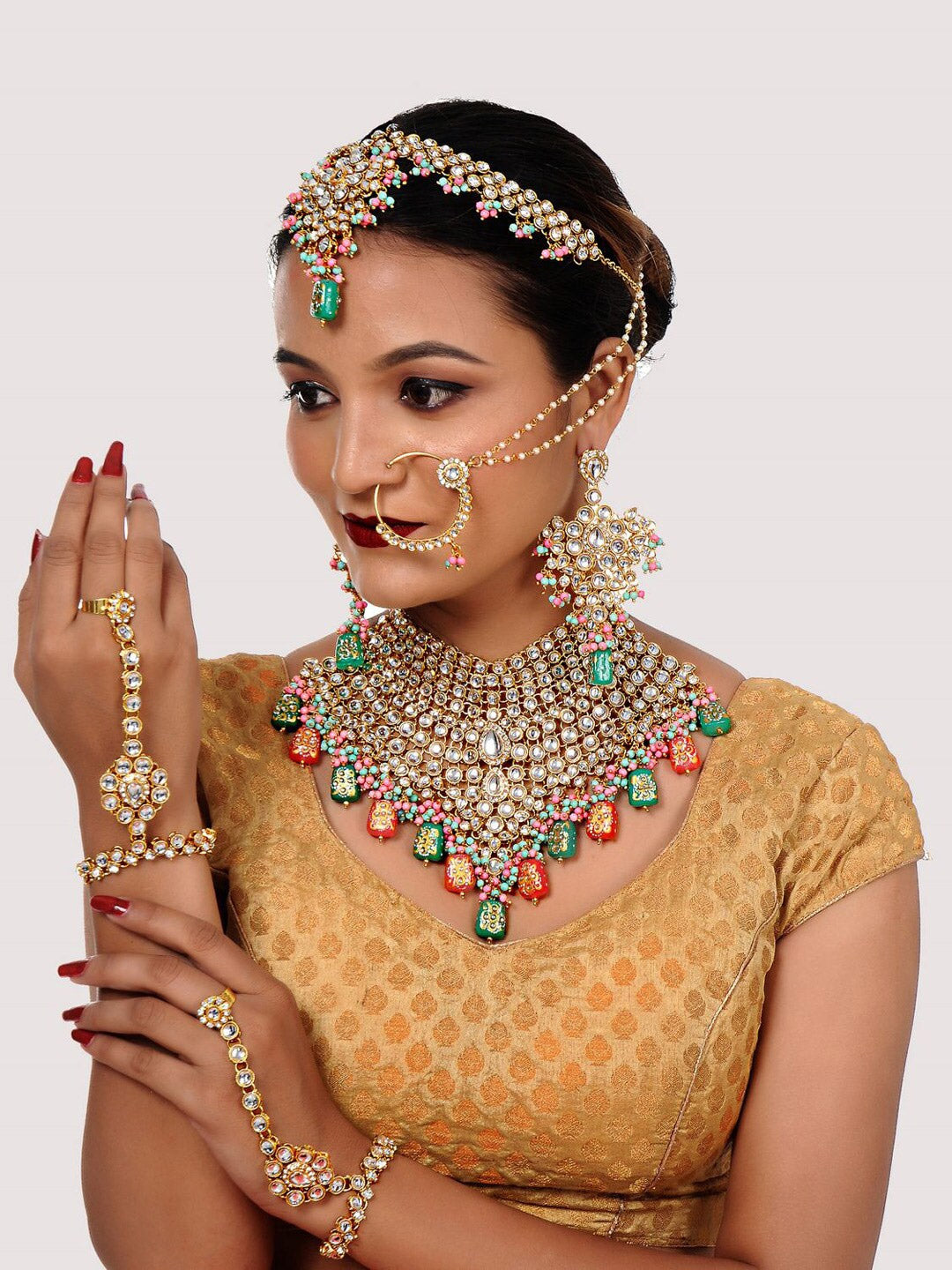 Multi 18K Gold-Plated Kundan-Studded & Beaded Bridal Jewellery Set