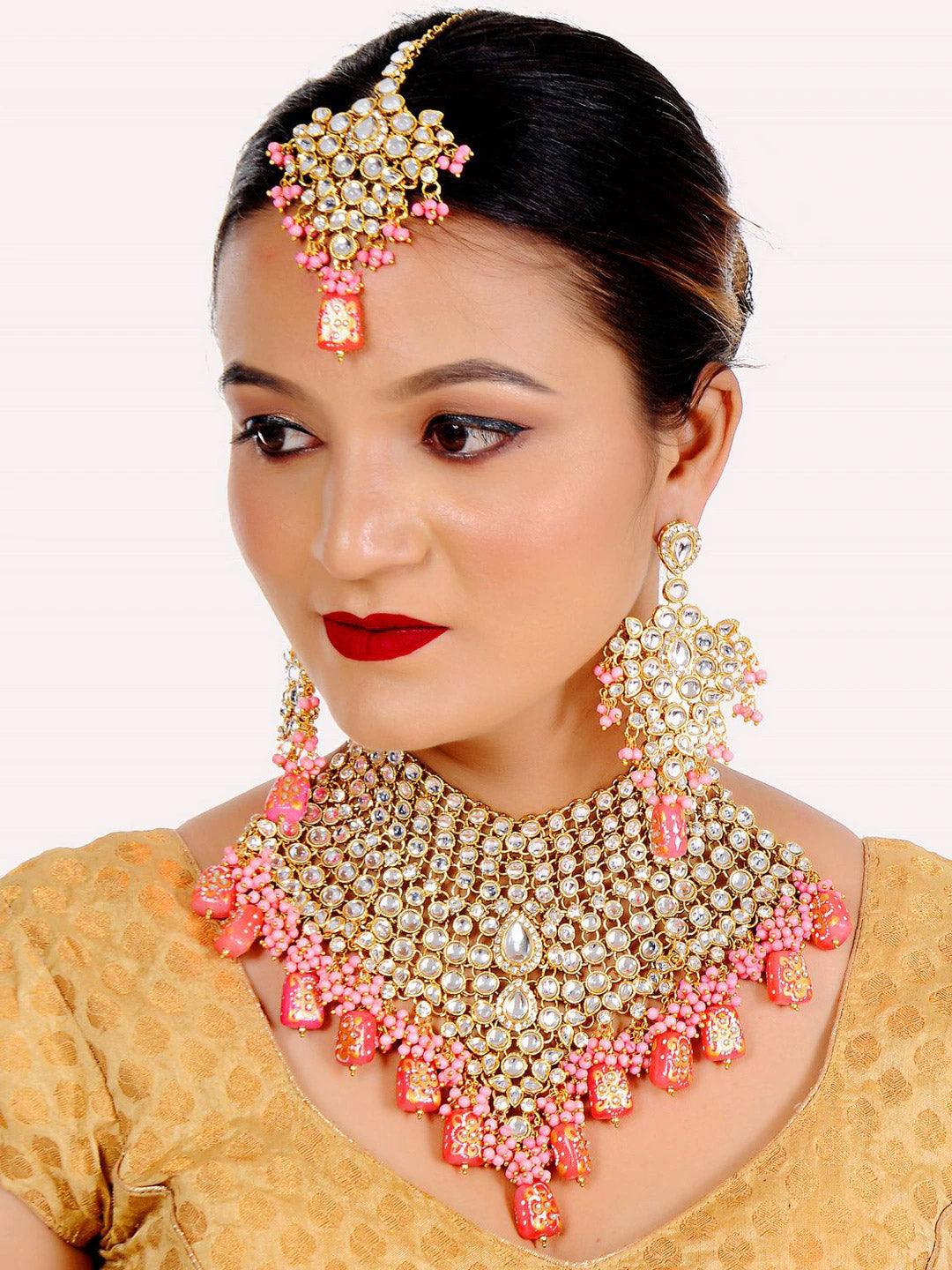 Pink Gold-Plated Crystal Stone Studded Bridal Jewellery Set