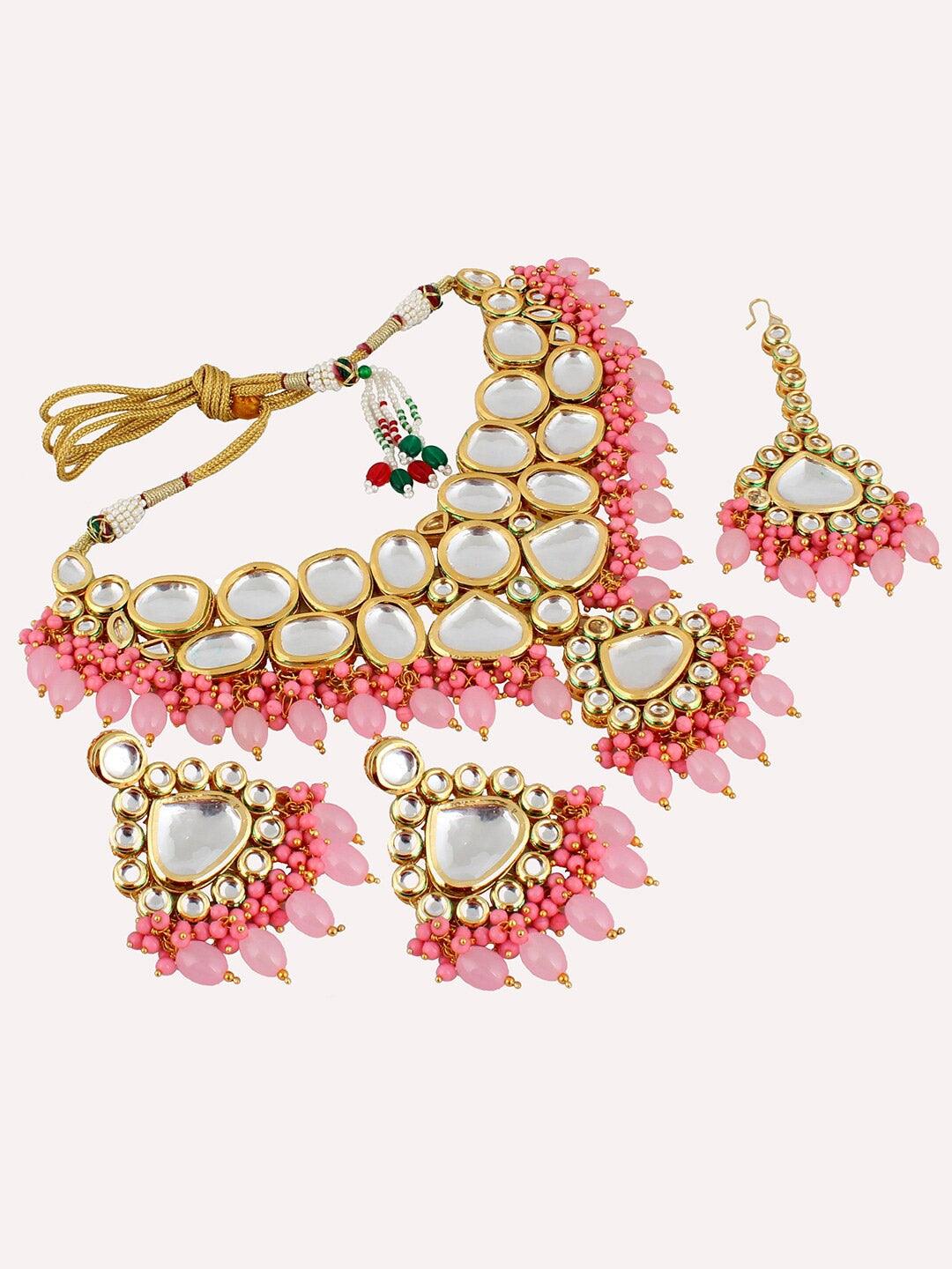 Pink Gold Plated Kundan Stone-Studded beaded Jewellery Set - Libasaa