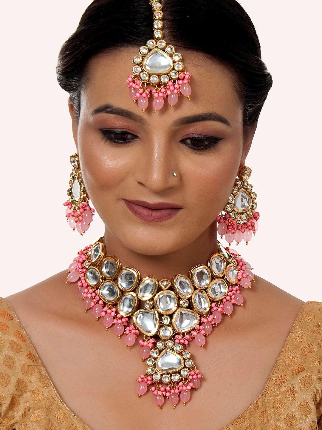 Pink Gold Plated Kundan Stone-Studded beaded Jewellery Set - Libasaa