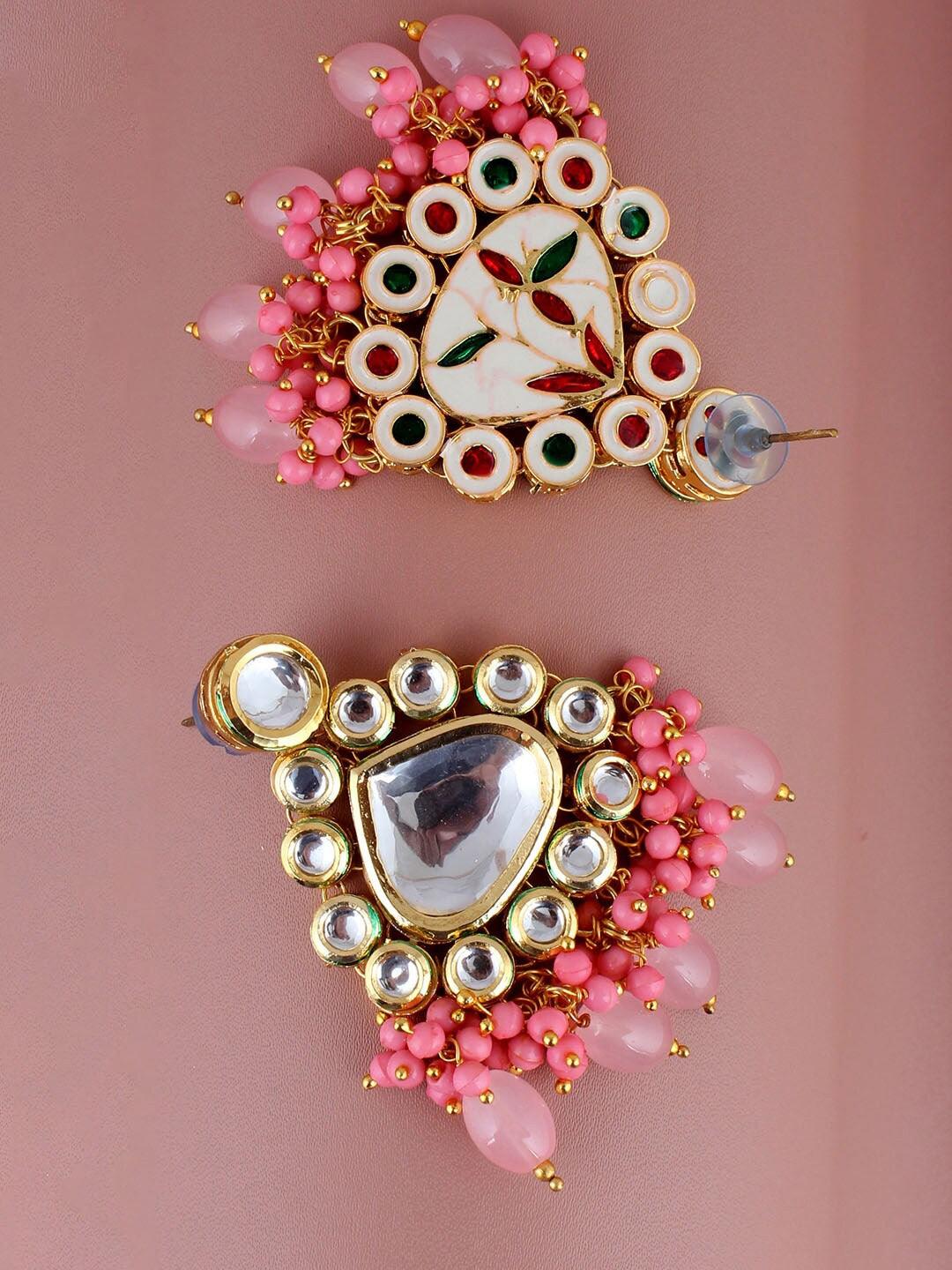 Pink Gold Plated Kundan Stone-Studded beaded Jewellery Set - Libasaa