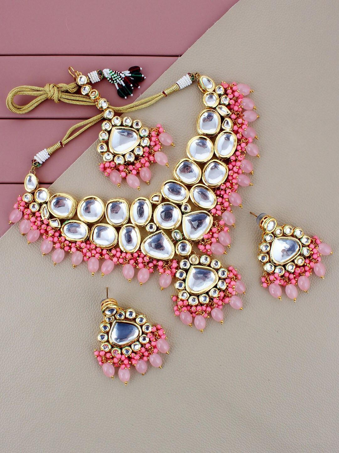 Pink Gold Plated Kundan Stone-Studded beaded Jewellery Set - Libasaa