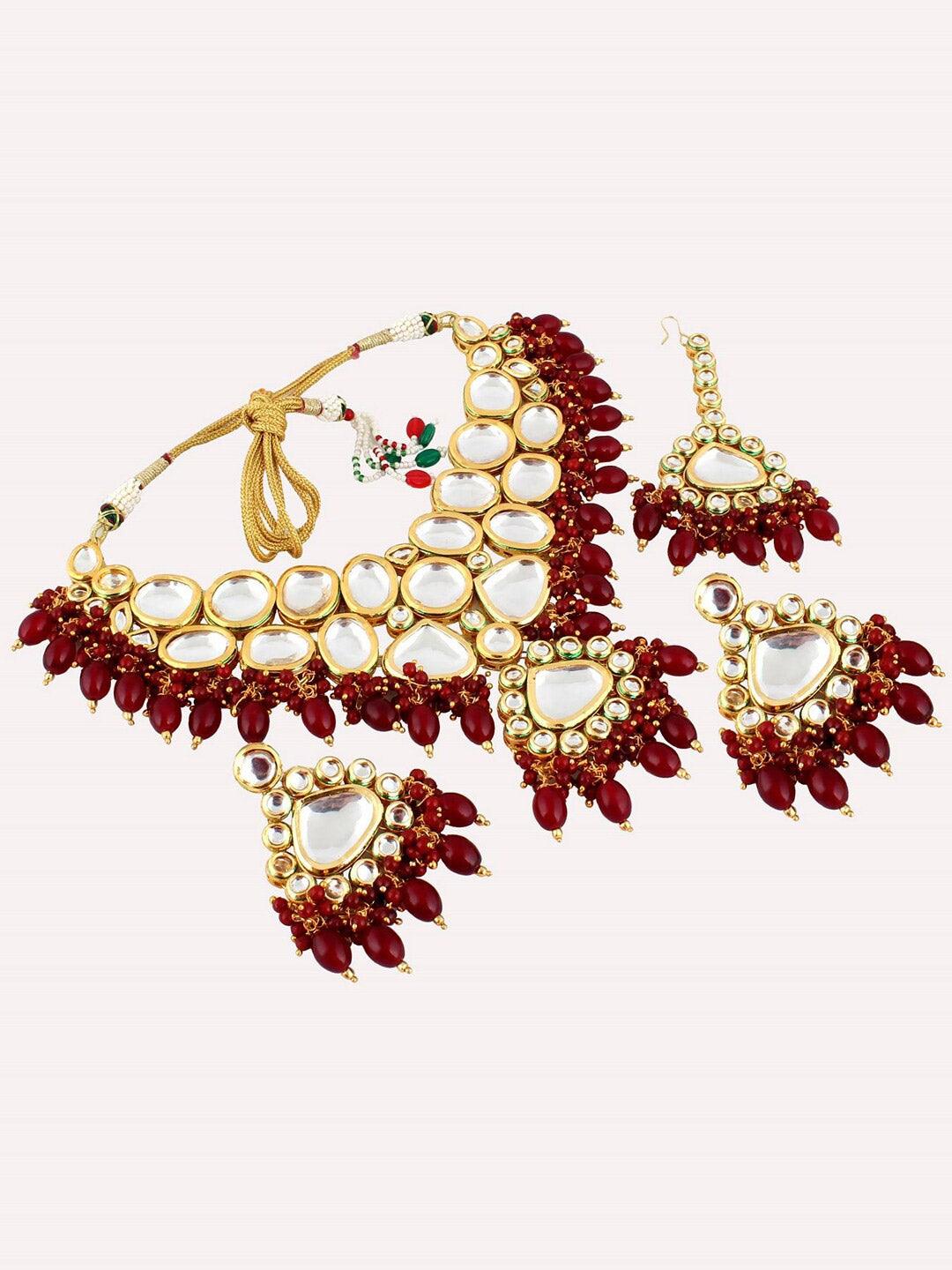 Maroon Gold-Plated Kundan Beads Studded Jewellery Set - Libasaa