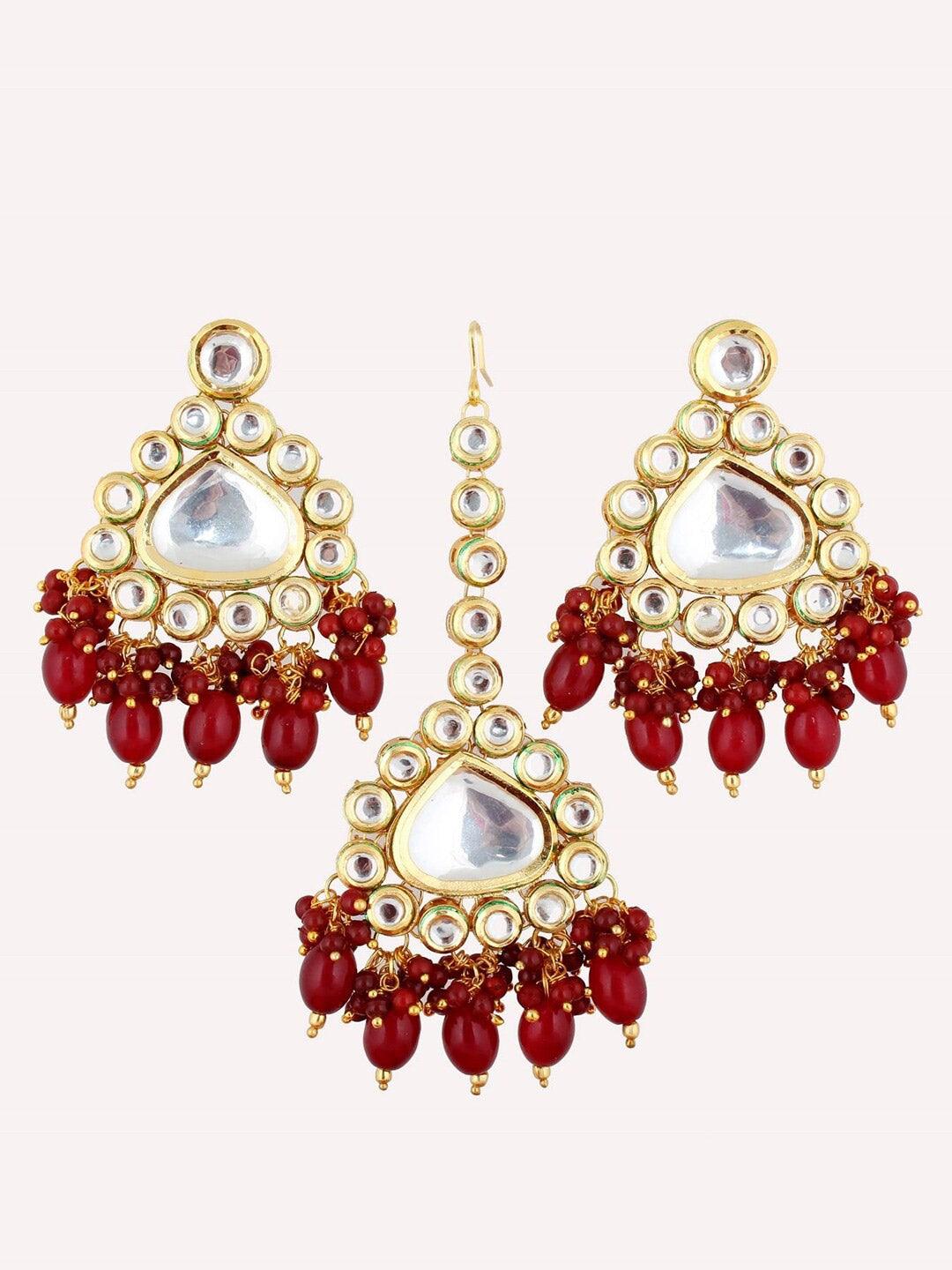 Maroon Gold-Plated Kundan Beads Studded Jewellery Set - Libasaa