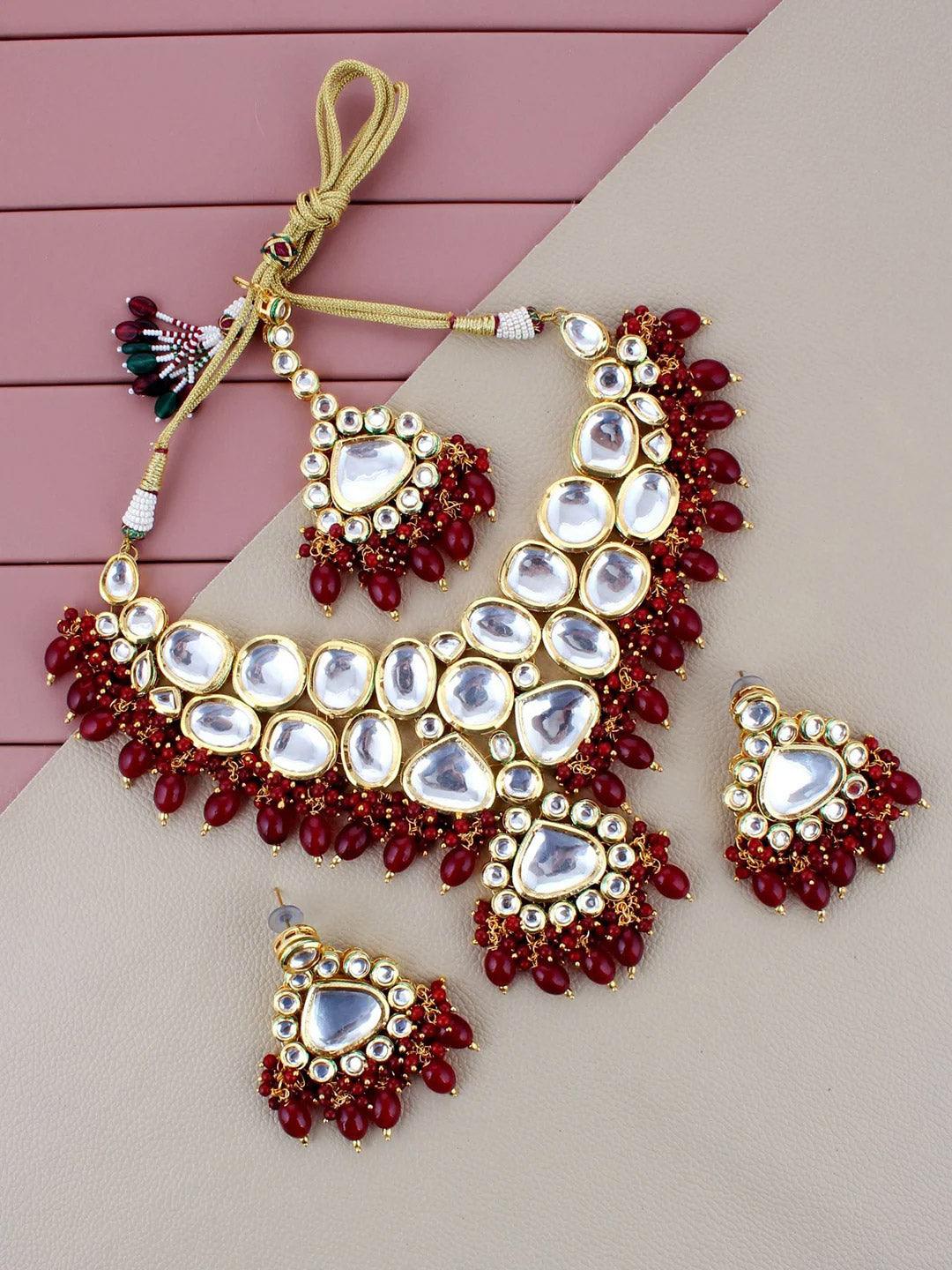 Maroon Gold-Plated Kundan Beads Studded Jewellery Set–