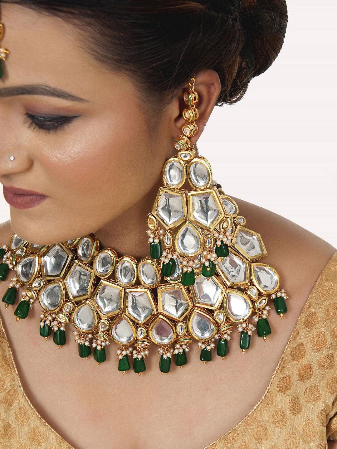 Green 18K Gold-Plated Gold-Colored Kundan Jewellery Set - Libasaa