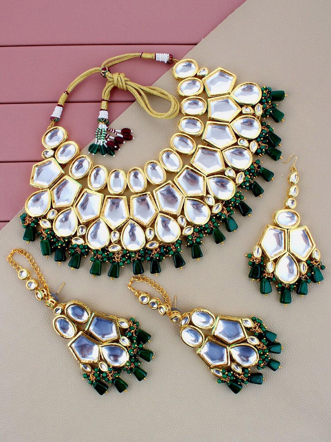 Green 18K Gold-Plated Gold-Colored Kundan Jewellery Set - Libasaa