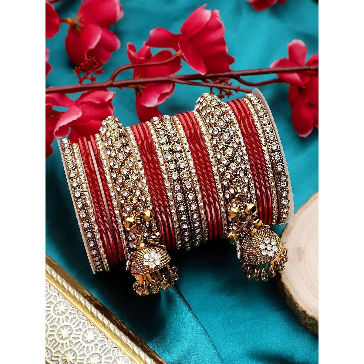 Indian bangle set, Traditional wedding jewelry, Brass Metal and Stone Bridal Crystal Bangle Set for Women