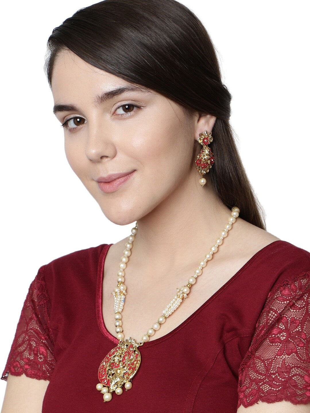 Red and Gold-Plated Stone-Studded Jewellery Set - Libasaa