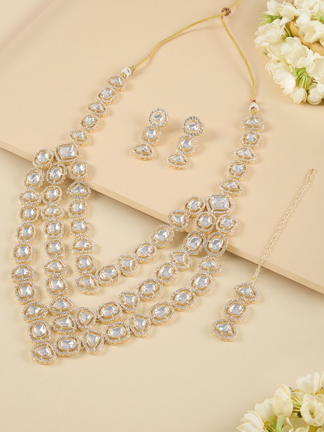 White Gold-Plated Layered Necklace and Earrings