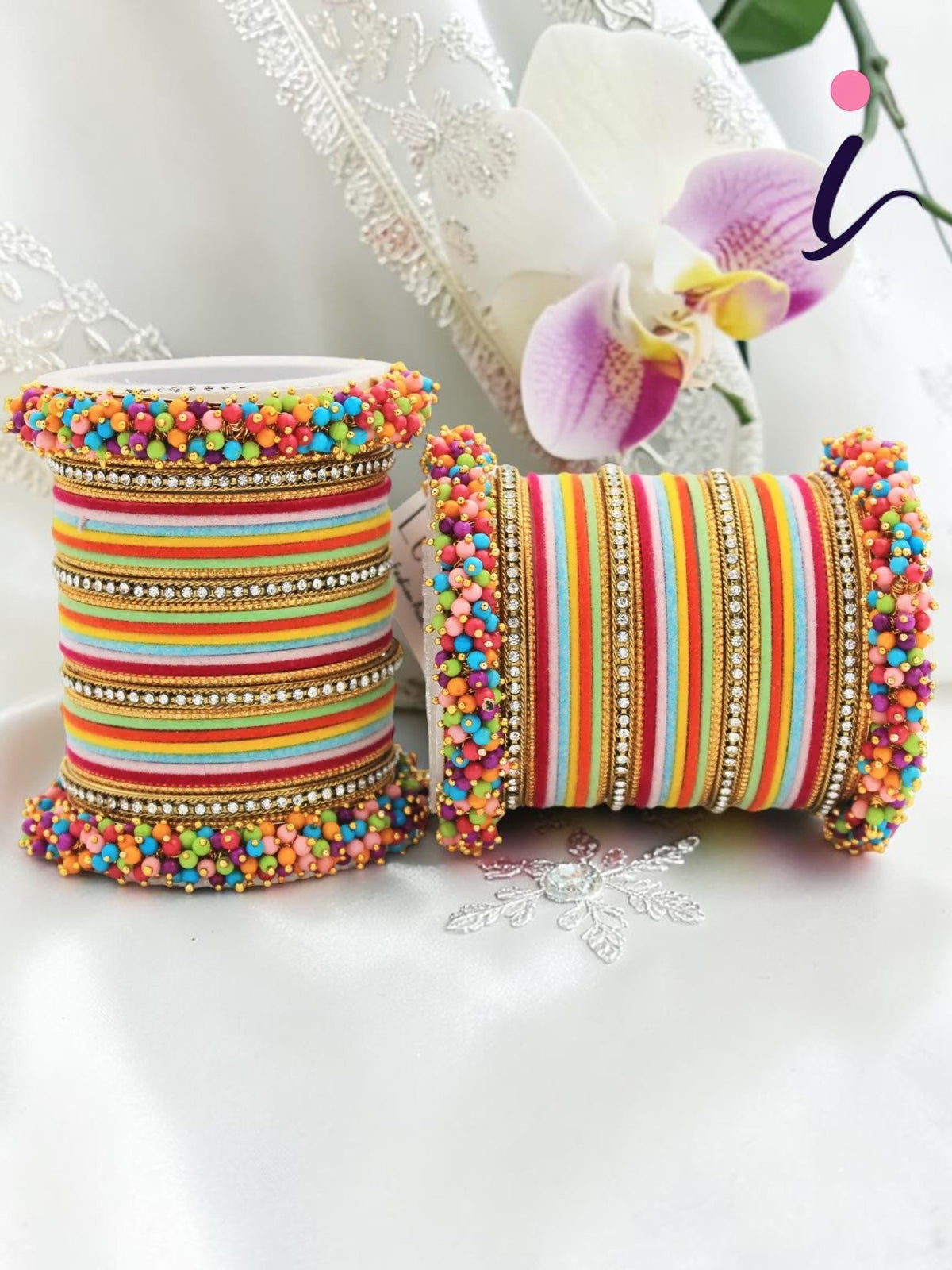 Traditional Velvet Chuda Indian Bangle Set With Pearl Kada - Both Hands