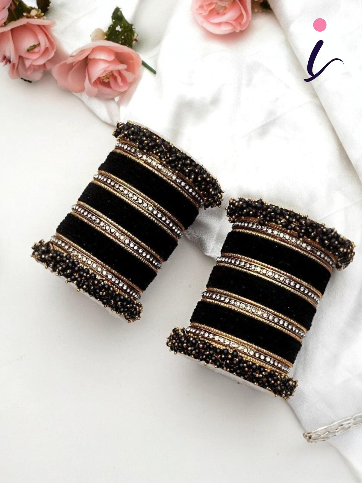 Traditional Velvet Chuda Indian Bangle Set With Pearl Kada - Both Hands