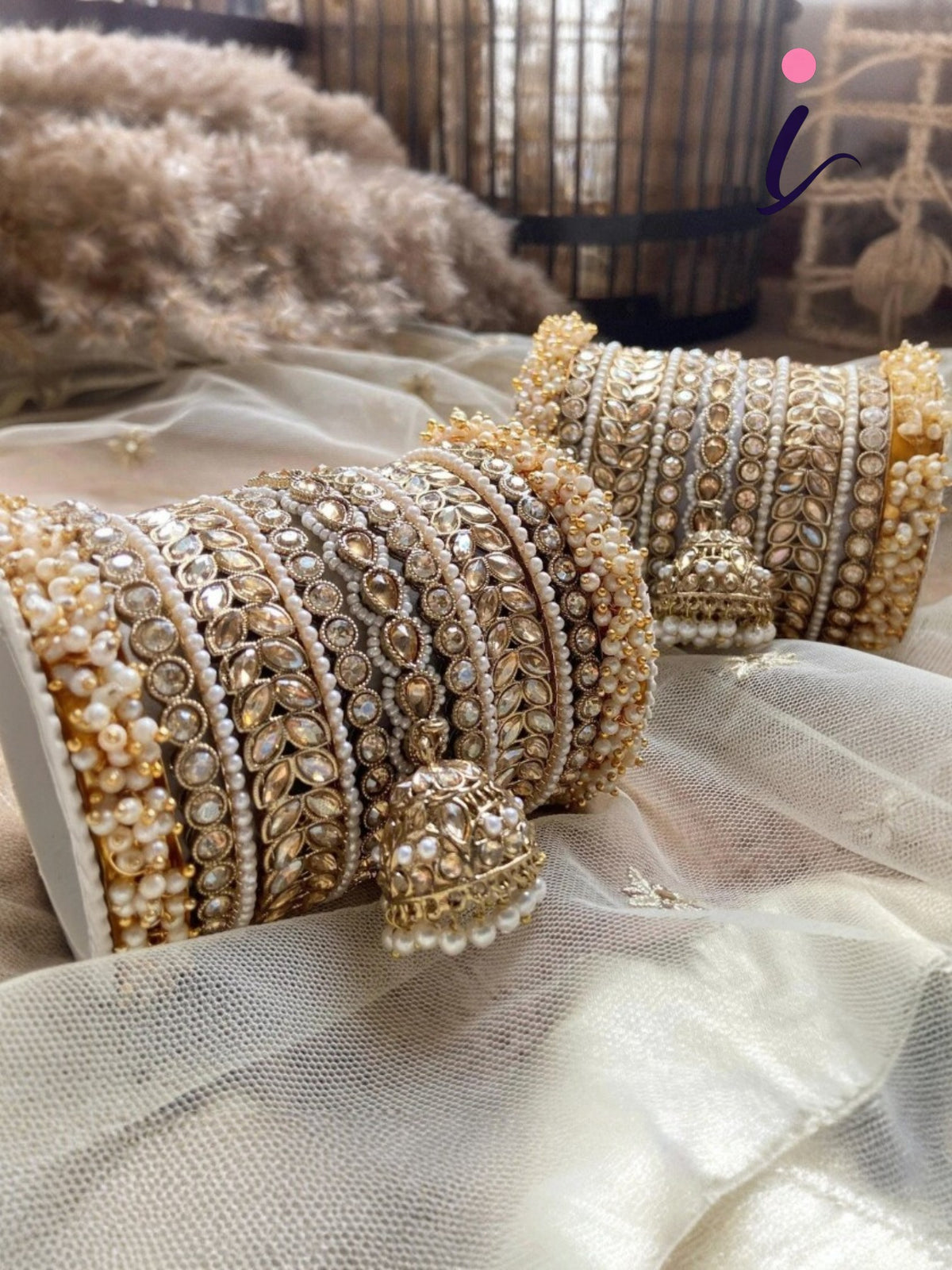 Indian Golden Stone Pearl Bangle Set with Jhumki, Traditional Asian Bridal Bangles, Designer Wedding Jewelry for Women