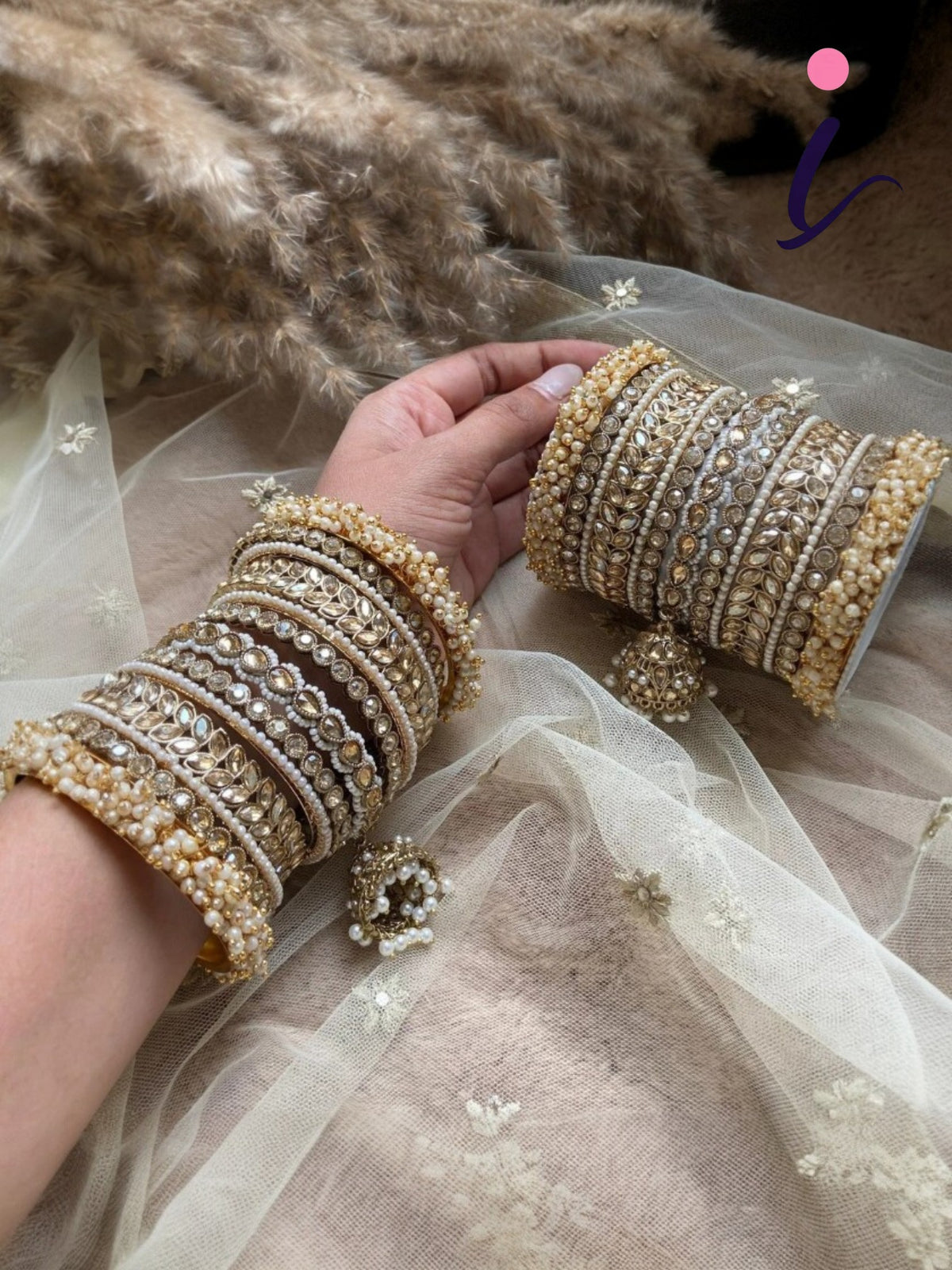 Indian Golden Stone Pearl Bangle Set with Jhumki, Traditional Asian Bridal Bangles, Designer Wedding Jewelry for Women