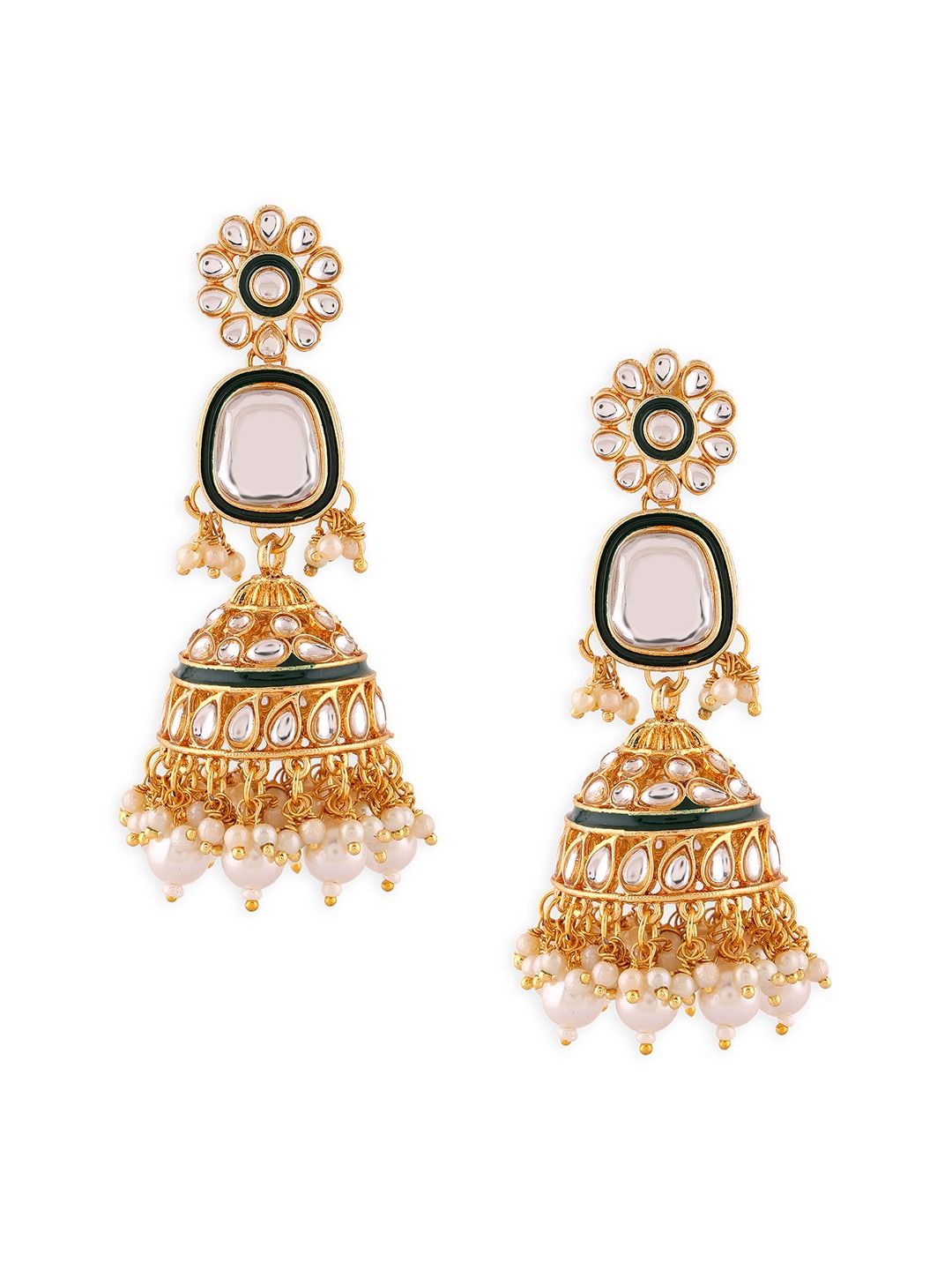 Green Enamel Kundan & Pearls Bridal Necklace Earring Maangtikka Set