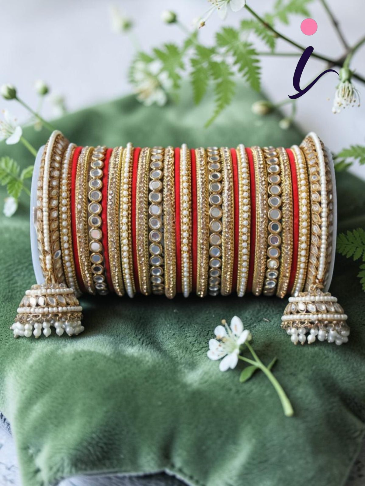 Mirror Bangle Set, Brass Metal and Stone Bridal Bangle Set with Jhumki, Wedding Jewelry