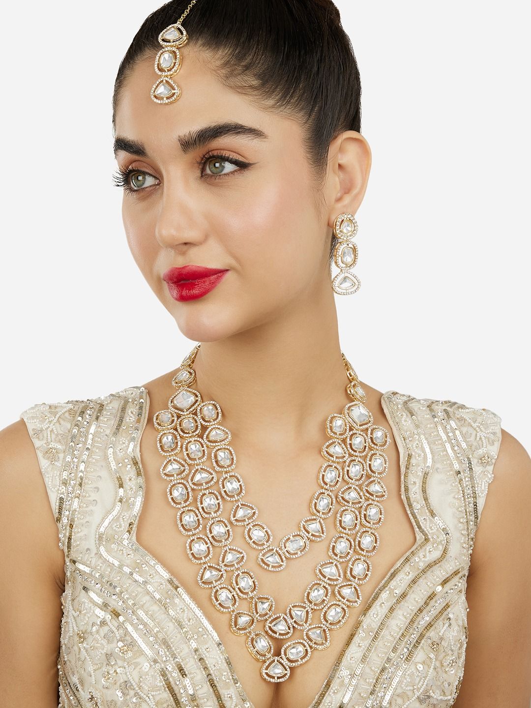 White Gold-Plated Layered Necklace and Earrings