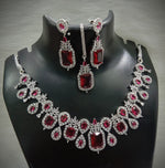 Square Shaped American Diamond Necklace Earrings Mangtikka Set For Wedding - AD Indian Jewelry Set