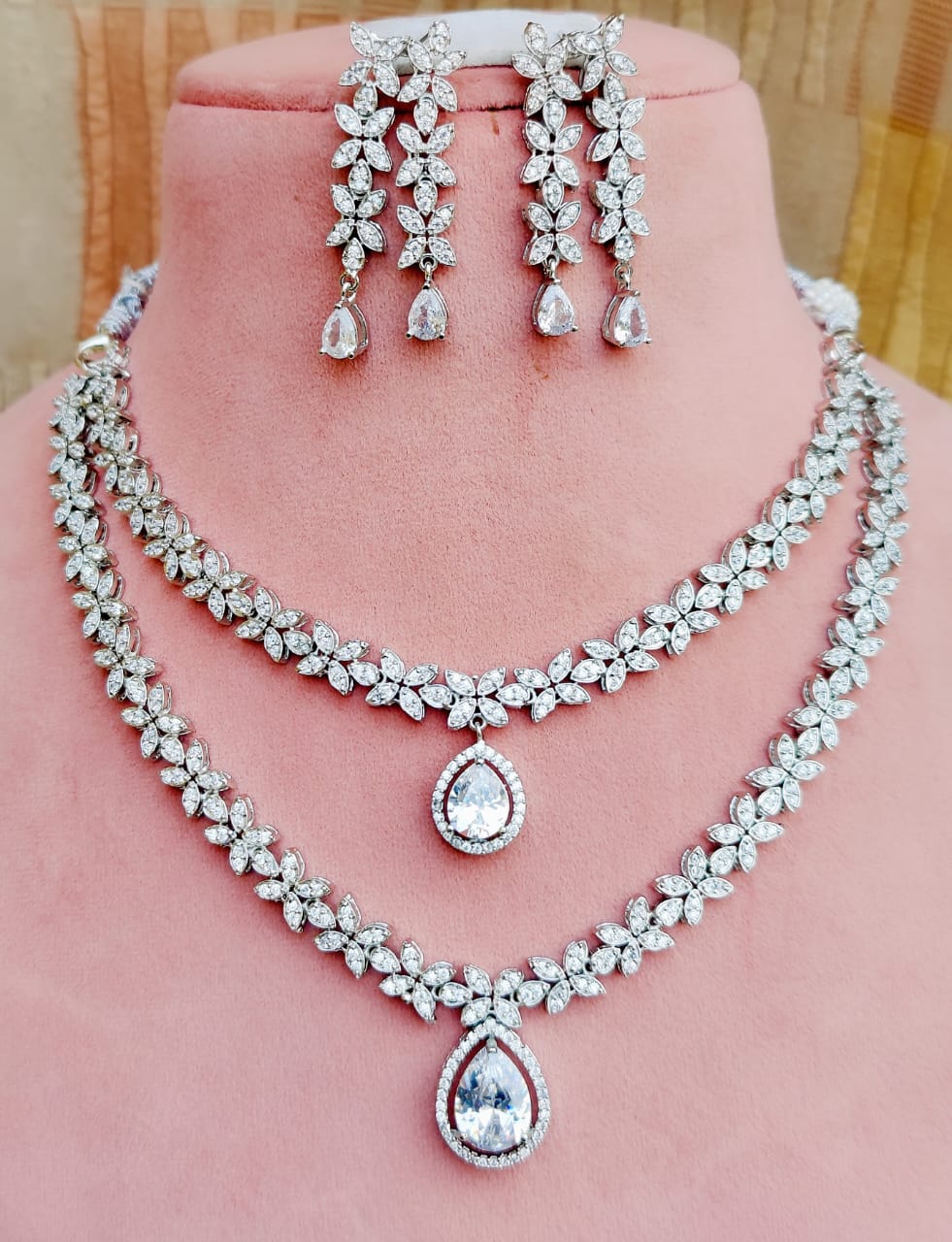 Indian Double Layered Silver Finish AD Choker Earrings Set