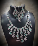 Multi Layered Silver Finish CZ Necklace Earrings Mangtika Set - CZ Floral Necklace Set