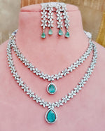 Silver Finish American Diamond Double Layer Floral Choker Earrings Set For Wedding