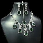 Square American Diamond Stone Work Necklace Earring Mangtikka Set