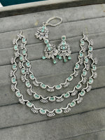 Bollywood Inspired Tripple Layered AD CZ Silver Tone Choker Earring Mangtikka Set For Wedding