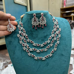 Bollywood Inspired Tripple Layered AD CZ Silver Tone Choker Earring Mangtikka Set For Wedding