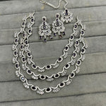 Bollywood Inspired Tripple Layered AD CZ Silver Tone Choker Earring Mangtikka Set For Wedding