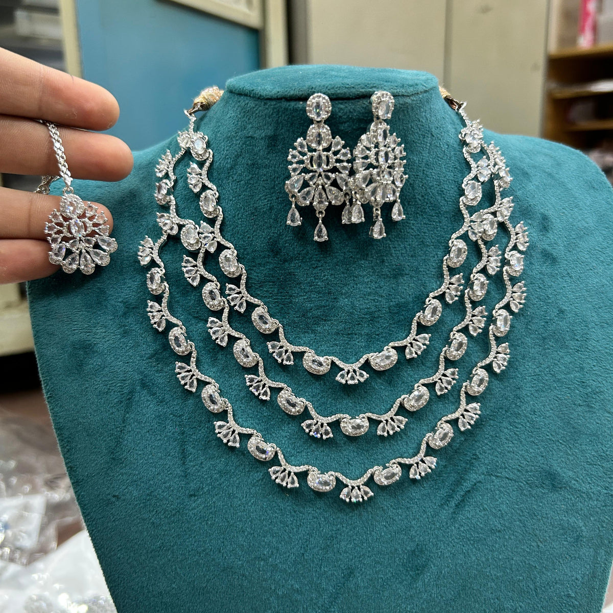Bollywood Inspired Tripple Layered AD CZ Silver Tone Choker Earring Mangtikka Set For Wedding