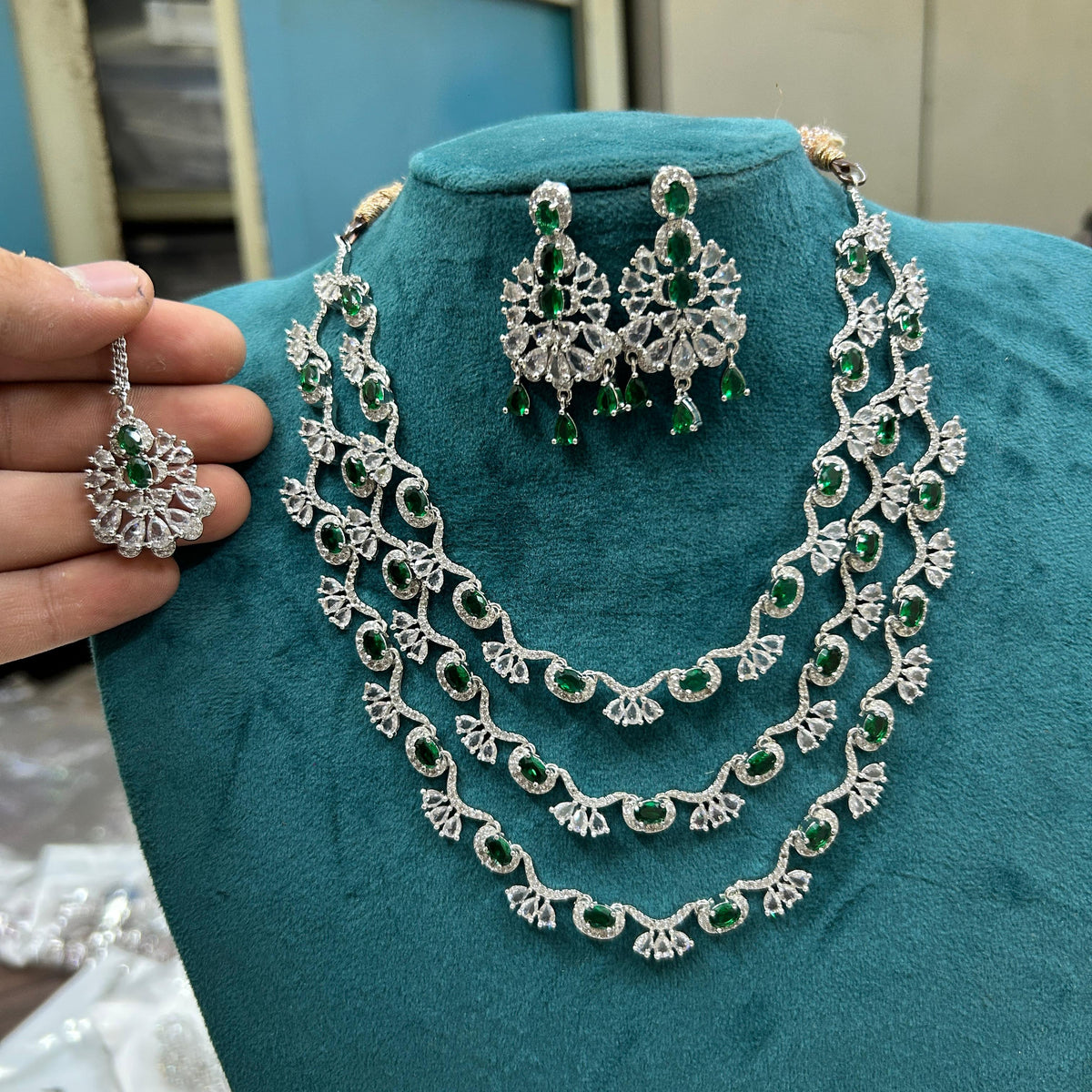 Bollywood Inspired Tripple Layered AD CZ Silver Tone Choker Earring Mangtikka Set For Wedding