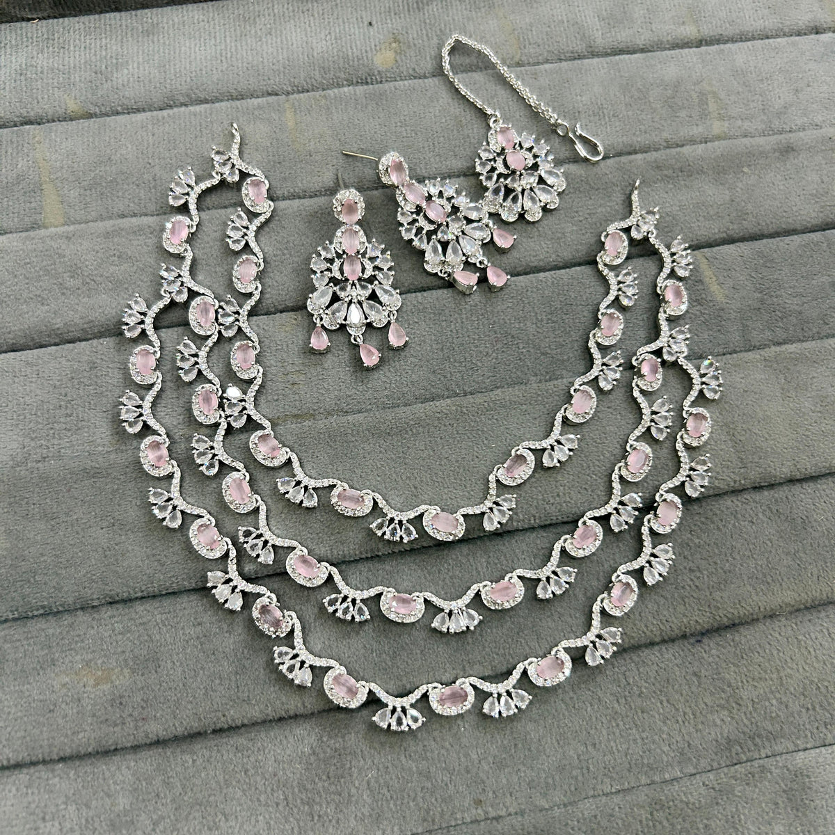 Bollywood Inspired Tripple Layered AD CZ Silver Tone Choker Earring Mangtikka Set For Wedding