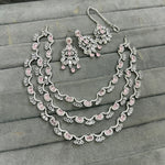 Bollywood Inspired Tripple Layered AD CZ Silver Tone Choker Earring Mangtikka Set For Wedding