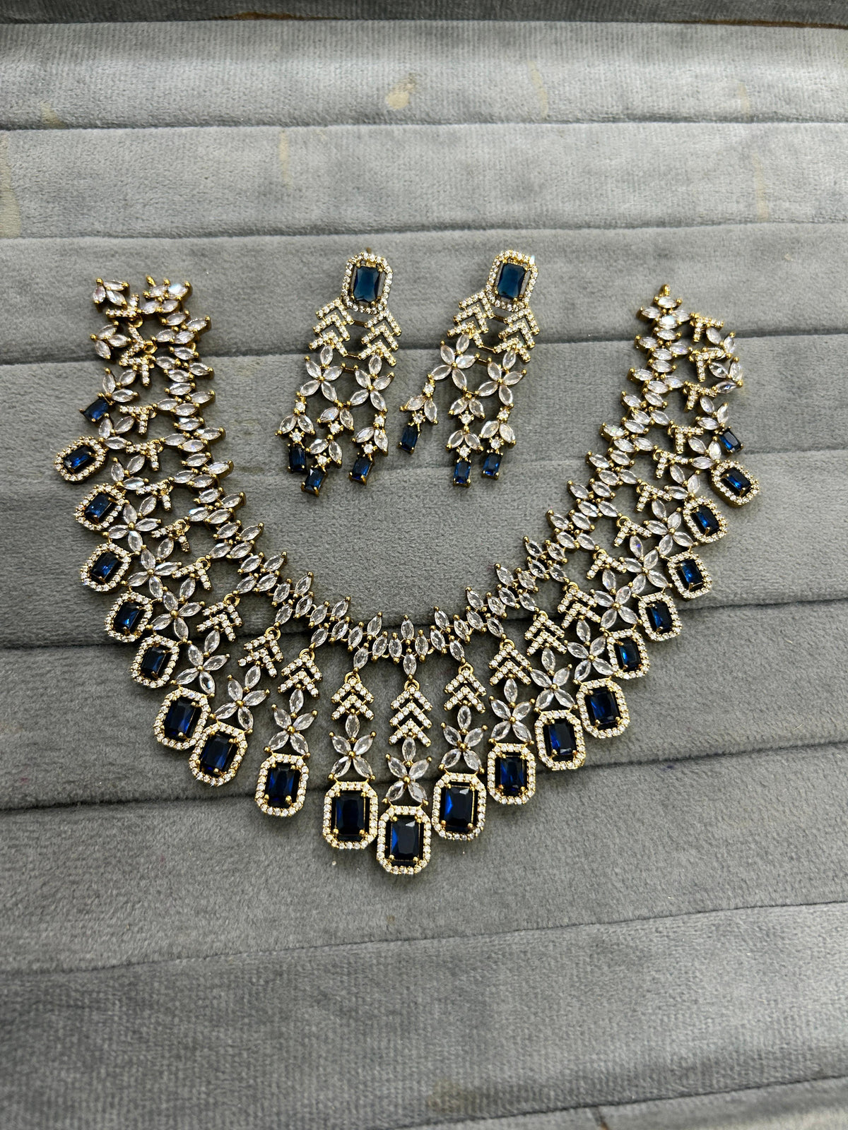 Indian Gold Plated Layered AD CZ Floral Choker Earring Set For Wedding Indian Jewelry