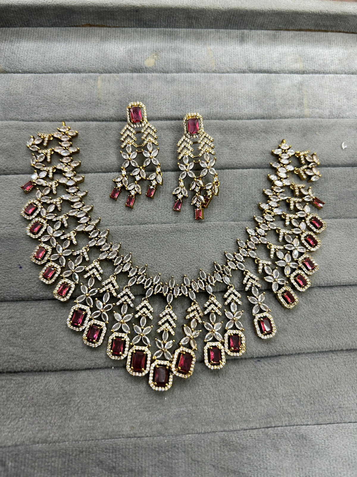 Indian Gold Plated Layered AD CZ Floral Choker Earring Set For Wedding Indian Jewelry