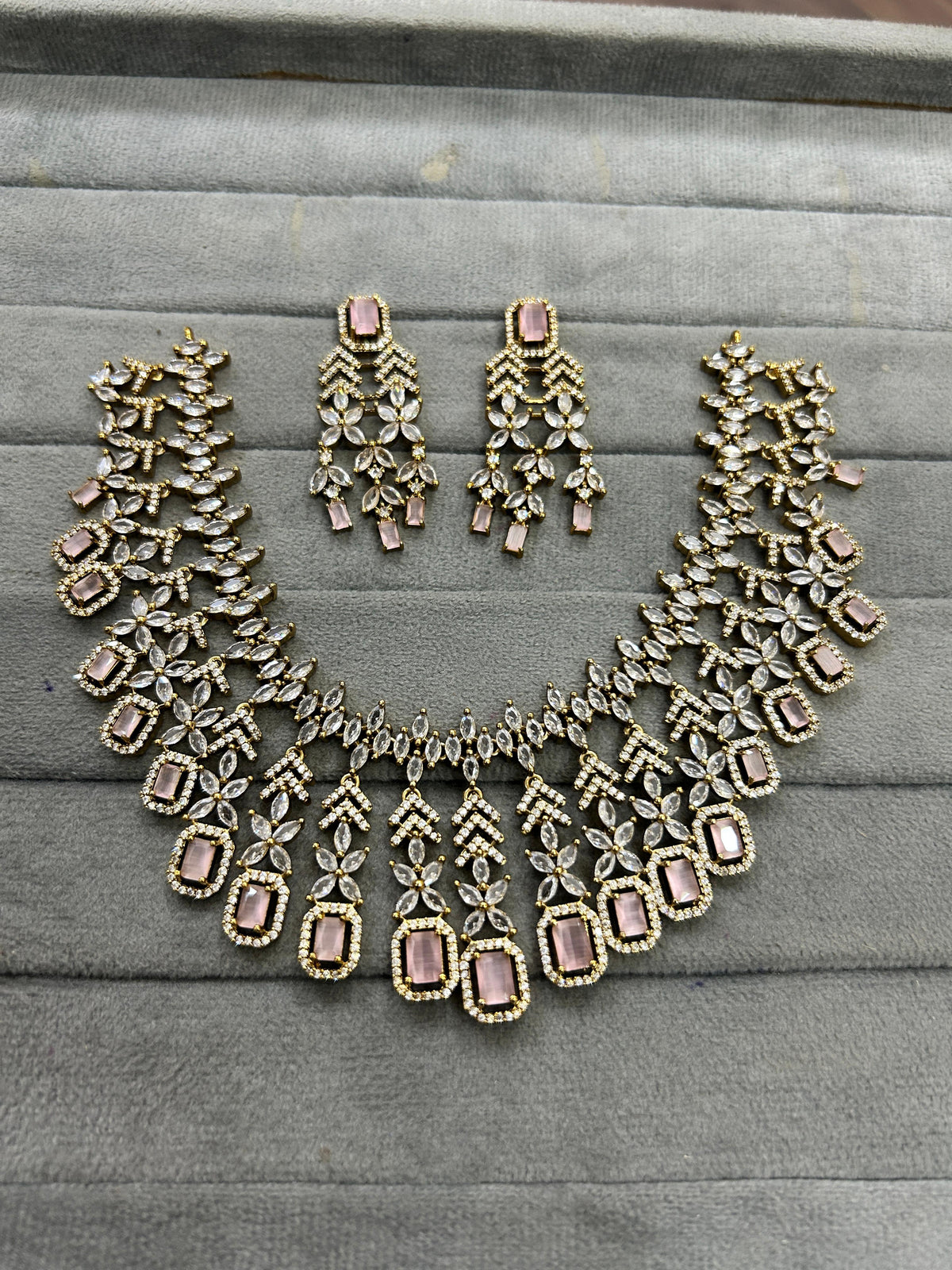 Indian Gold Plated Layered AD CZ Floral Choker Earring Set For Wedding Indian Jewelry