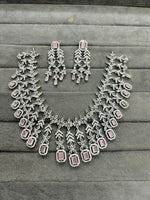 Wedding Silver Plated Layered American Dimond Floral Choker Earring Set