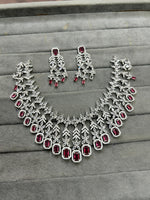 Wedding Silver Plated Layered American Dimond Floral Choker Earring Set