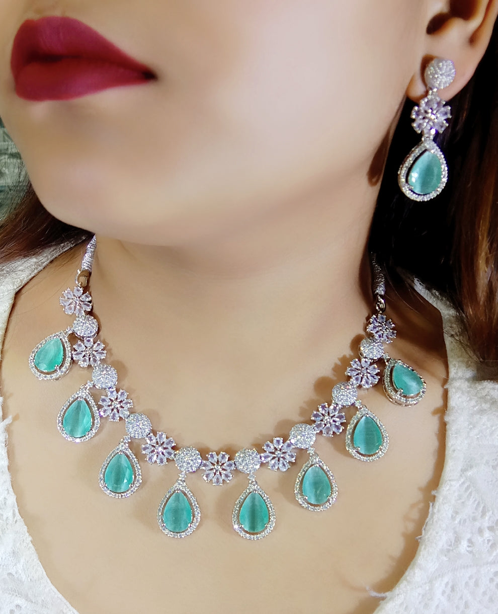 Indian Floral Teardrop Design AD CZ Silver Plated Choker Earring Set Indian Jewelry