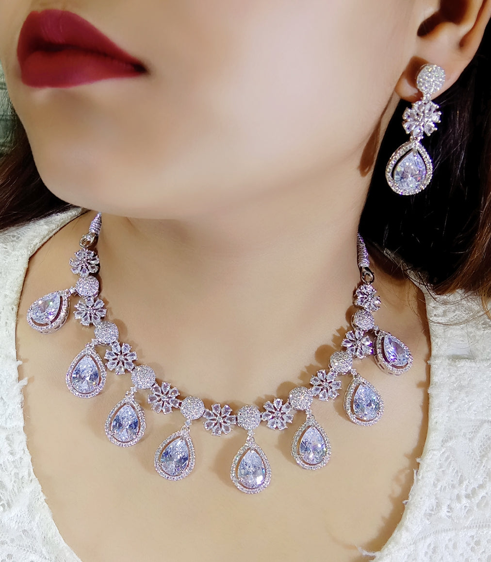 Indian Floral Teardrop Design AD CZ Silver Plated Choker Earring Set Indian Jewelry