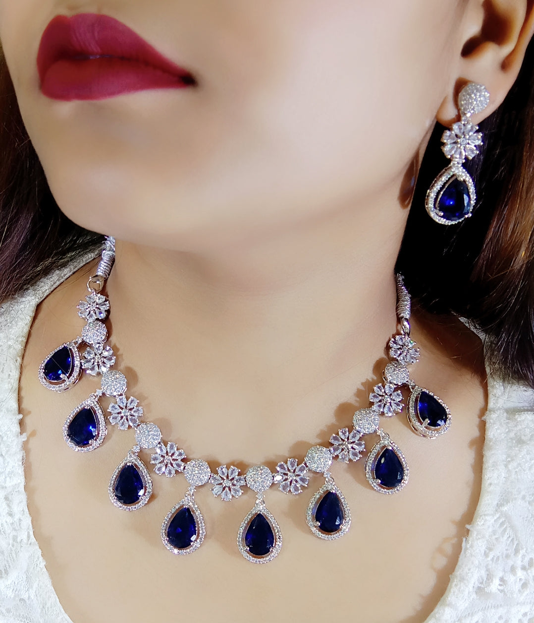 Indian Floral Teardrop Design AD CZ Silver Plated Choker Earring Set Indian Jewelry