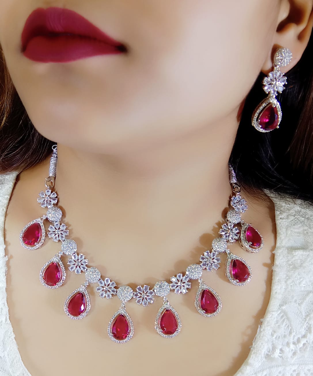 Indian Floral Teardrop Design AD CZ Silver Plated Choker Earring Set Indian Jewelry