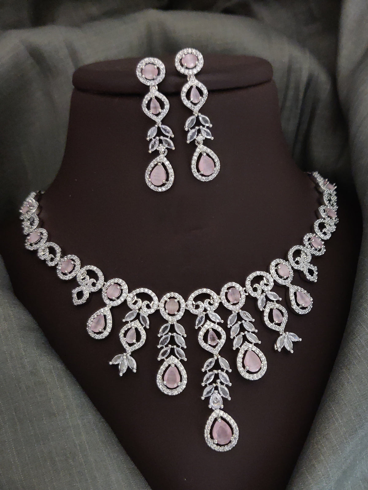 Indian Silver Plated CZ Multi Layer Necklace Earring Set For Wedding