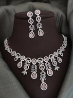 Indian Silver Plated CZ Multi Layer Necklace Earring Set For Wedding