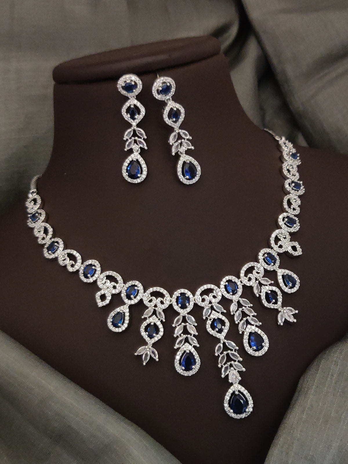 Indian Silver Plated CZ Multi Layer Necklace Earring Set For Wedding