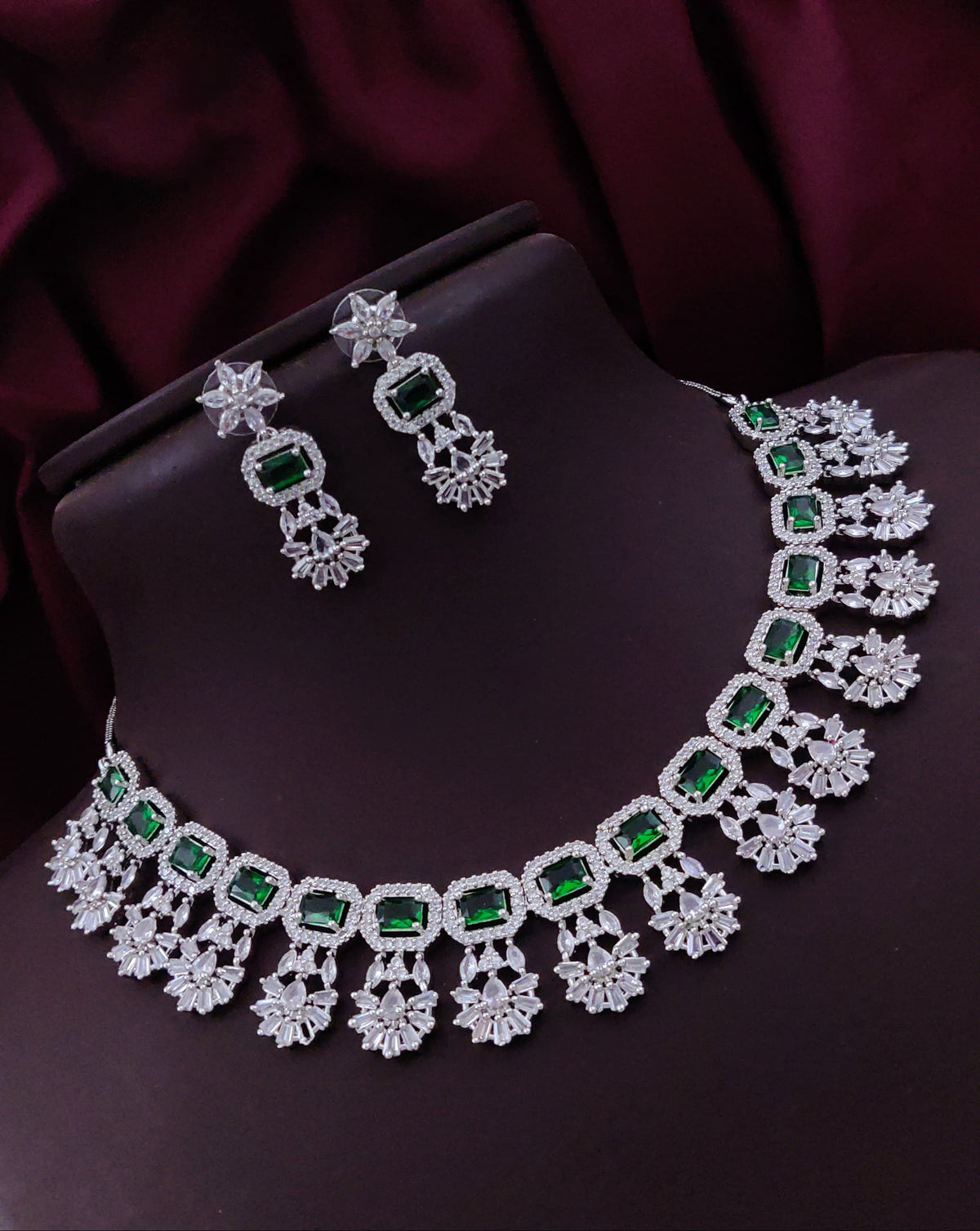 Punjabi Silver Plated Flower Design AD CZ Choker Earring Set Indian Jewelry